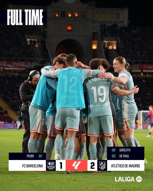 【西甲】巴萨1比2主场遭马竞逆转,瑟洛特替补绝杀